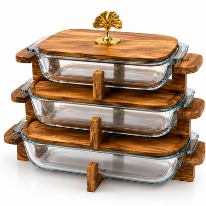 Walnut Wood Rectangular Glass Serving Dish with Stand