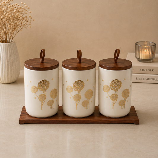 3 Pcs Gold Floral Ceramic Canister Set