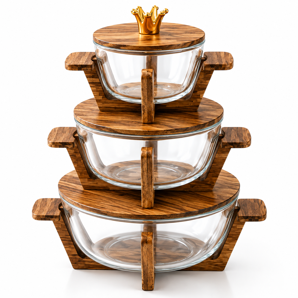 Walnut Wood Glass Salad Bowl with Lid & Stand