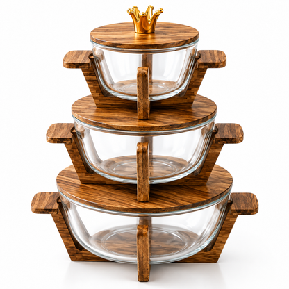Walnut Wood Glass Salad Bowl with Lid & Stand