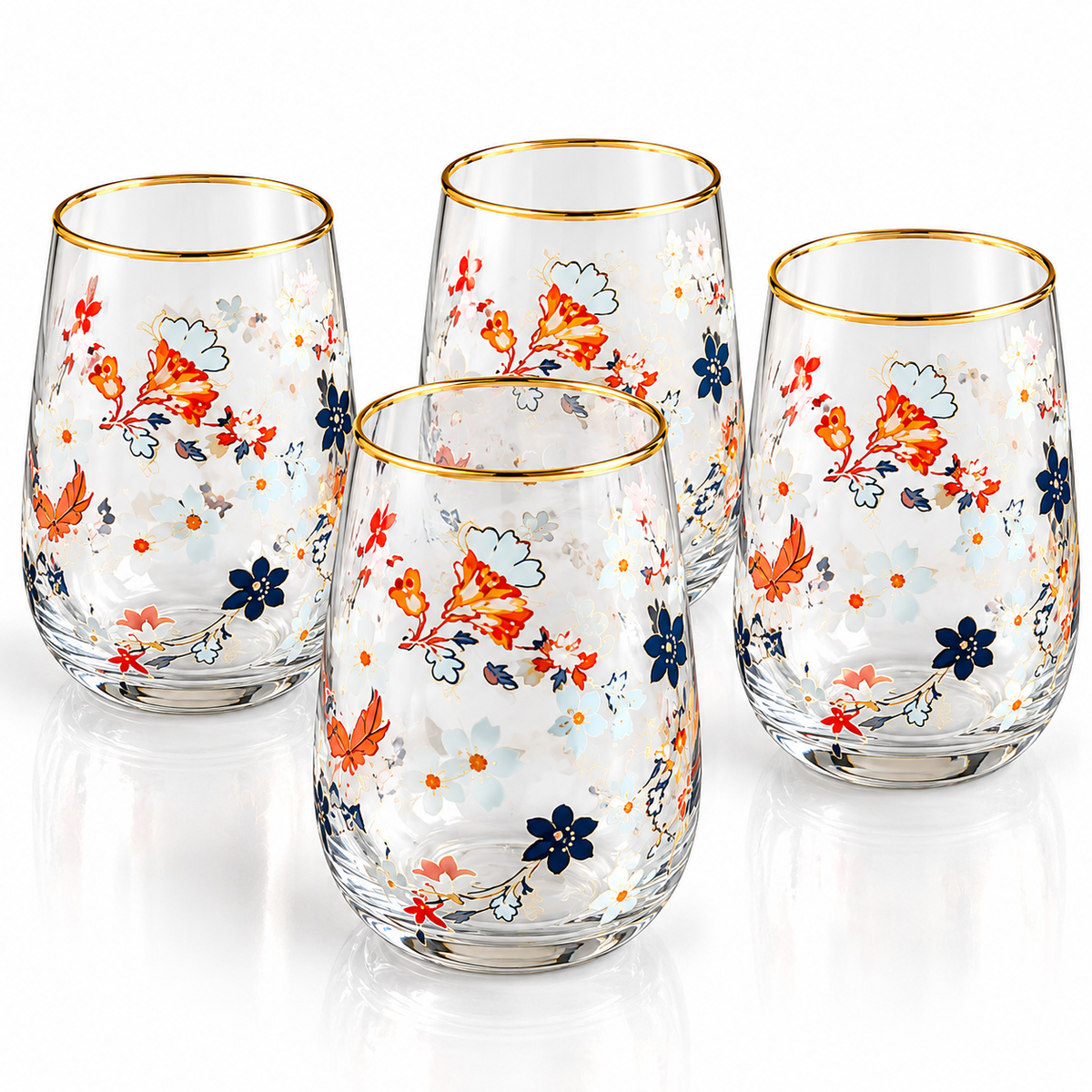 Danny Home Floral Glass Tumbler Set – 410ml (4 Pcs)
