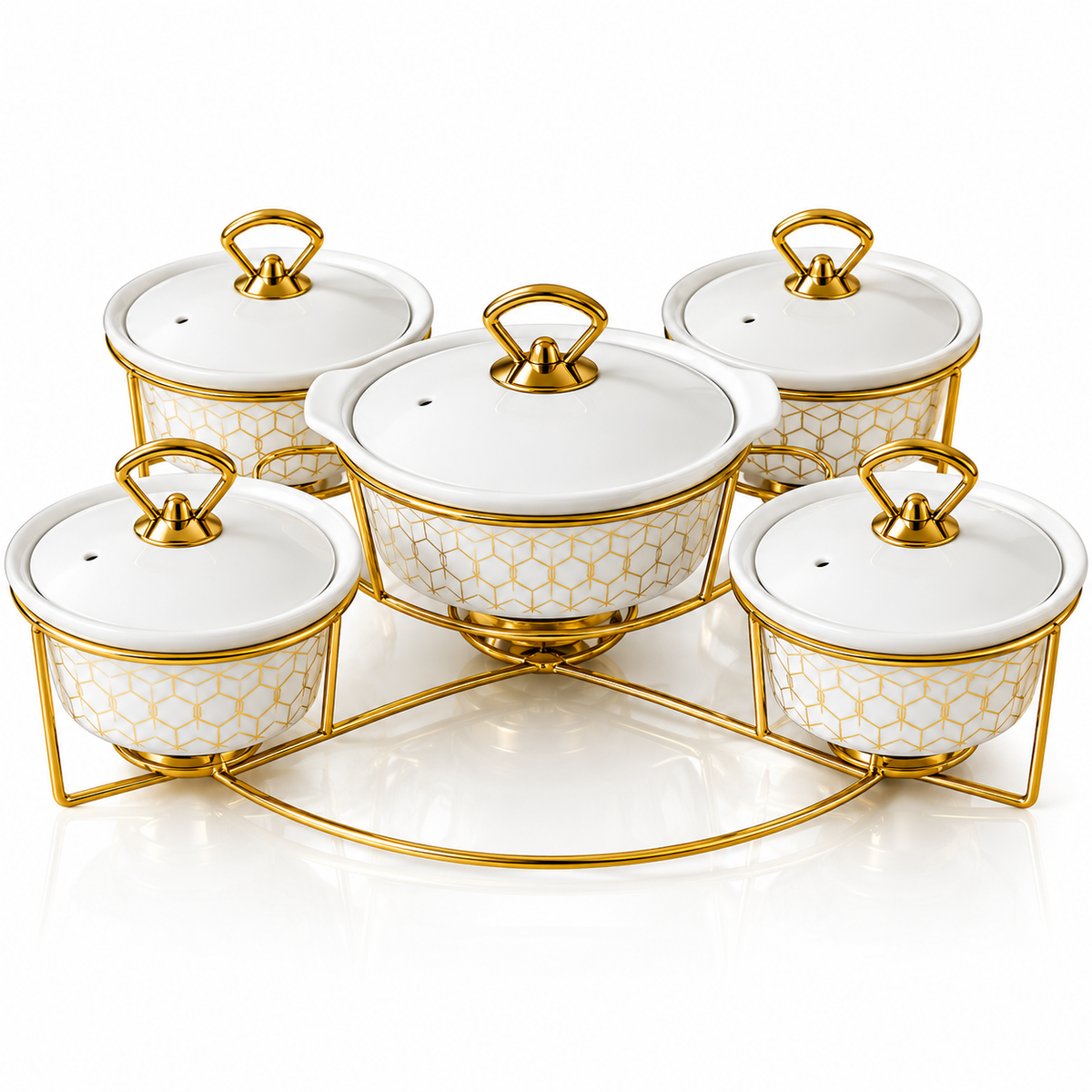 Brilliant Royal Feast 5 Pcs Round Ceramic Casserole Set with Metal Stand