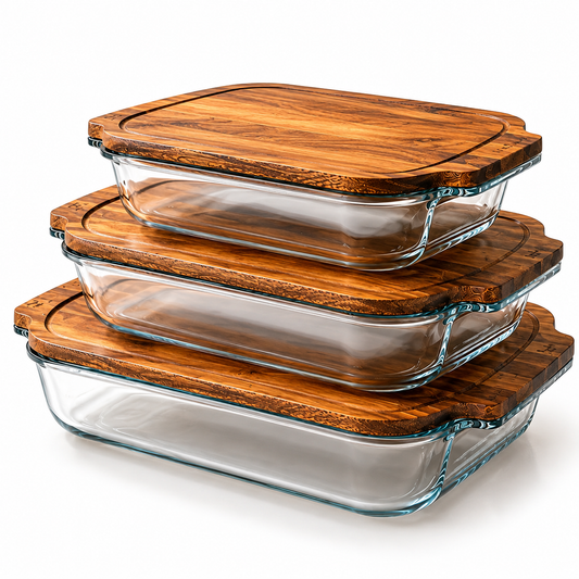 Walnut Wood Lid Glass Serving Dish