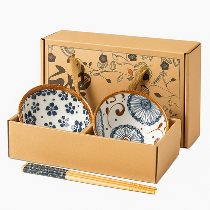Japanese Floral Ceramic Bowls - Set of 2