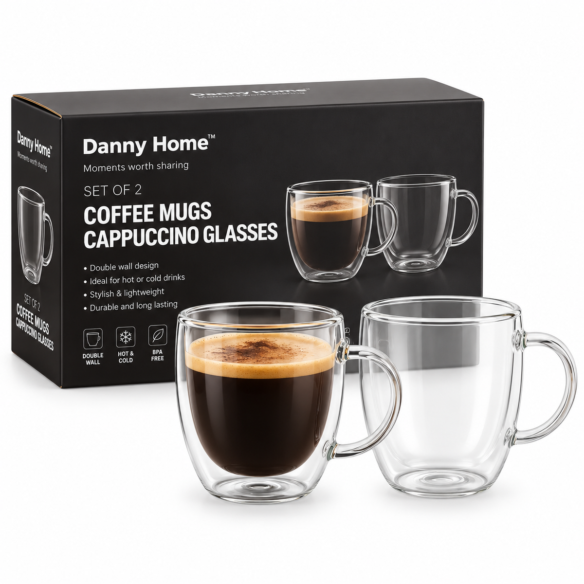 Danny Home Double Walled Cappuccino Glasses with Handle 200ml