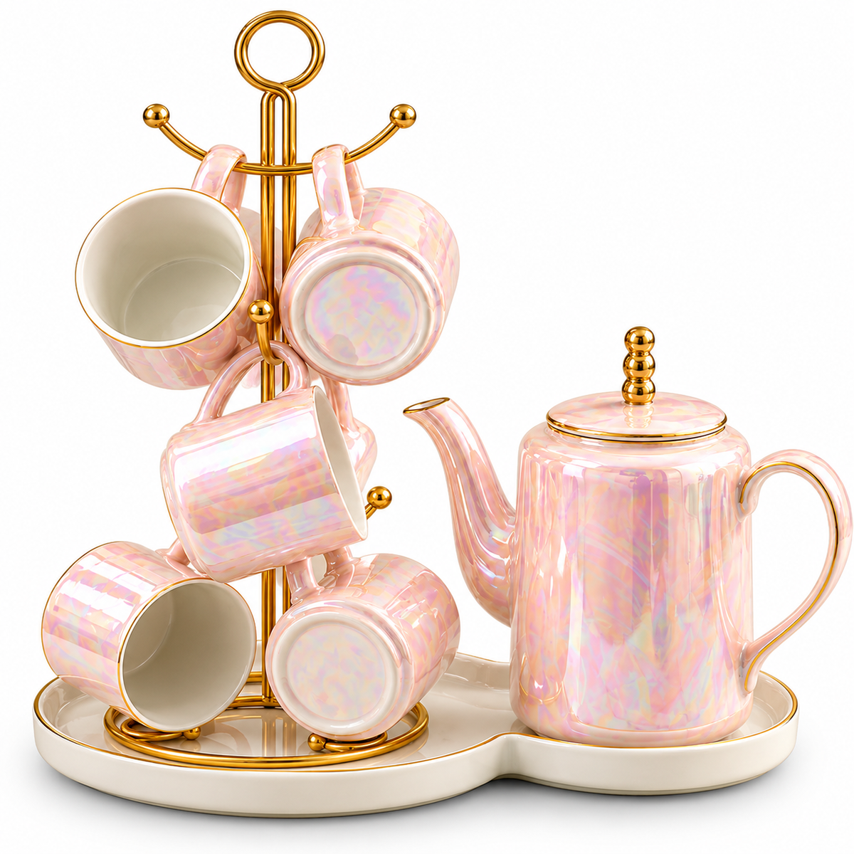 Luxury Ceramic Tea Set with Vertical Golden Cup Stand