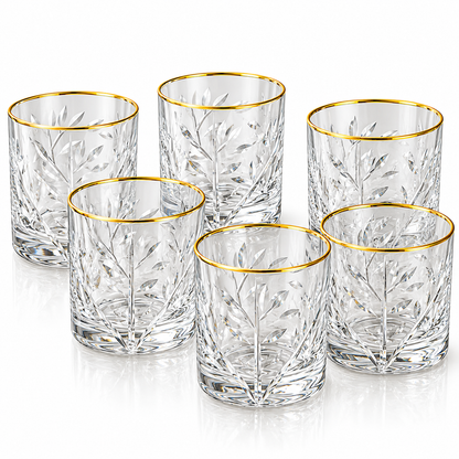 Luxe Gold Rim Botanical Crystal Glass Tumbler Set – 6 Pieces
