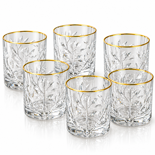 Luxe Gold Rim Botanical Crystal Glass Tumbler Set – 6 Pieces