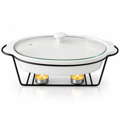 Brilliant 17-Inch Oval Ceramic Chafing Dish with Metal Candle Stand