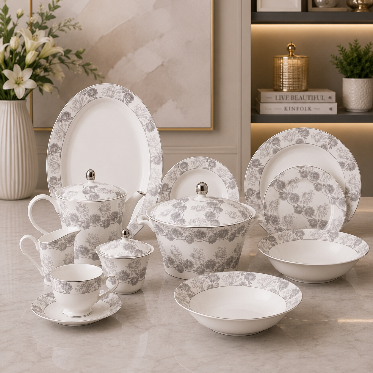 Regal Silver Blossom Porcelain Dinner Set – 61 Pieces
