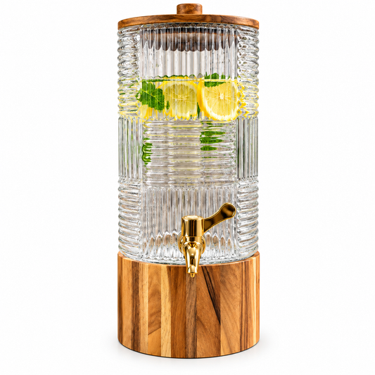 Premium Ribbed Glass Beverage Dispenser with Wooden Stand