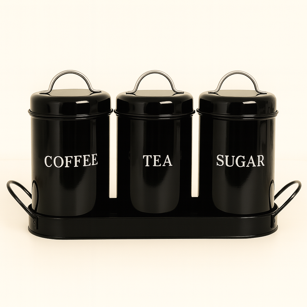 Vintage Retro Metal Jar Set With Tray