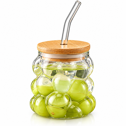 Bubble Glass Cup with Bamboo Lid & Straw