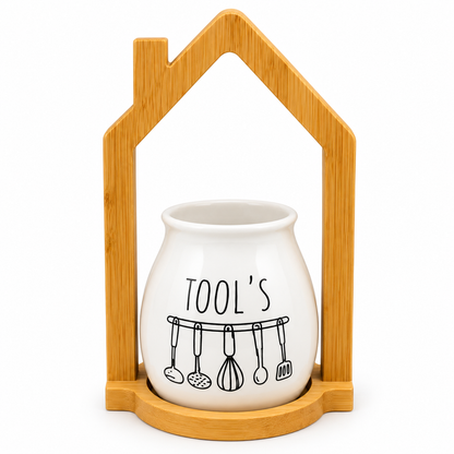 Ceramic Kitchen Utensil Holder with Wooden House-Shaped Stand