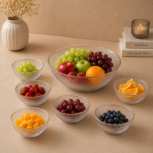 7 Pcs Clear Ribbed Glass Fruit Bowl Set