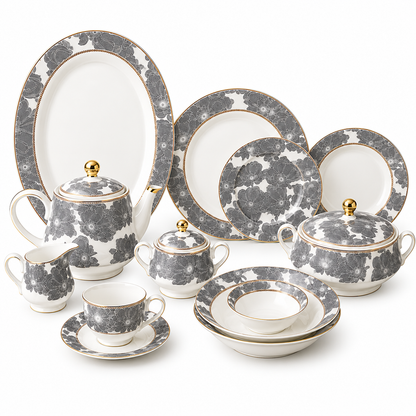 Silver Flora Prestige Porcelain Dinner Set – 61 Pieces