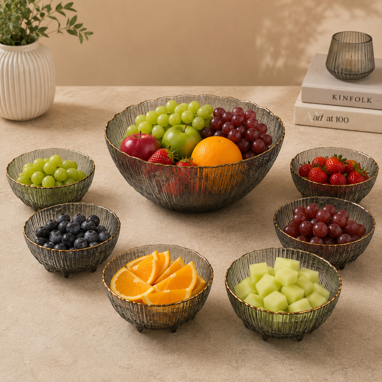 7 Pcs Smoky Ribbed Glass Fruit & Serving Bowl Set