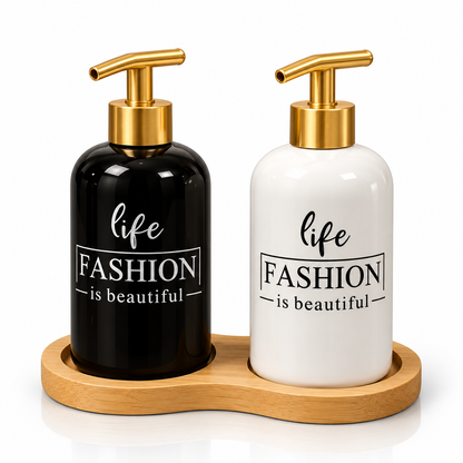 2-Piece Ceramic Soap Dispenser Set with Wooden Tray – Fashion Collection