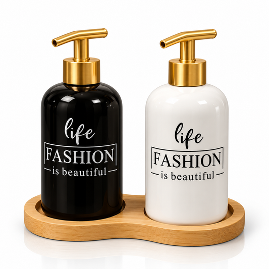 2-Piece Ceramic Soap Dispenser Set with Wooden Tray – Fashion Collection