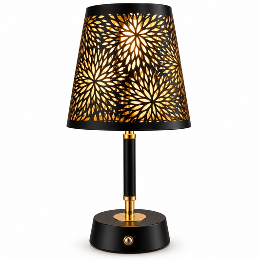 Luna Floral Cutwork LED Table Lamp – Black & Gold