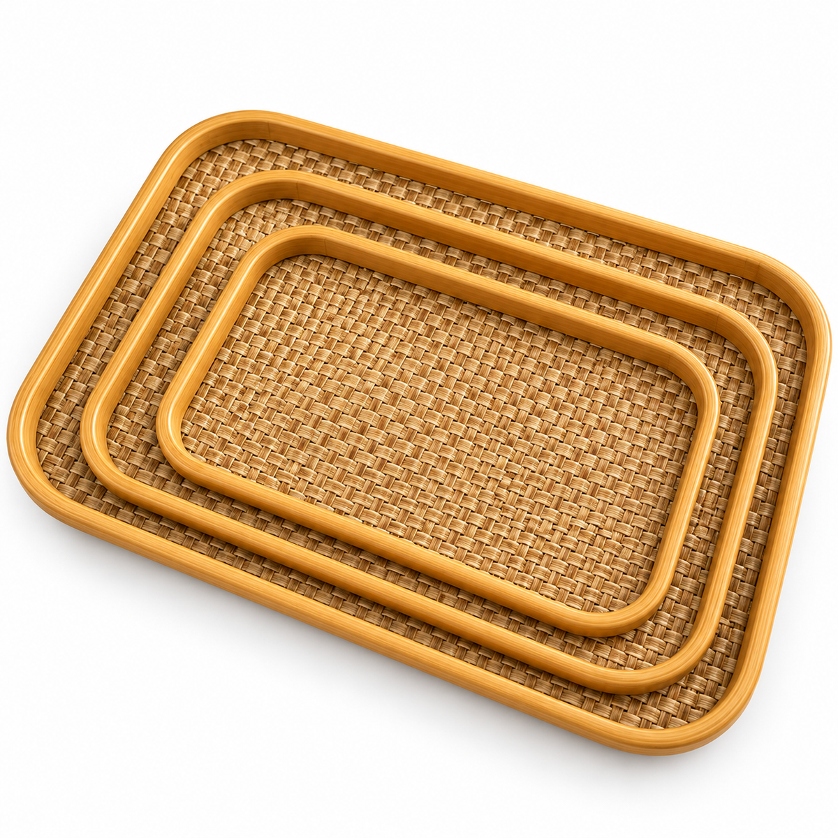 3 Pcs Woven Rattan Style Serving Tray Set – Natural Brown