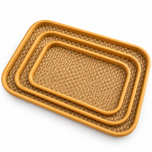 3 Pcs Woven Rattan Style Serving Tray Set – Natural Brown