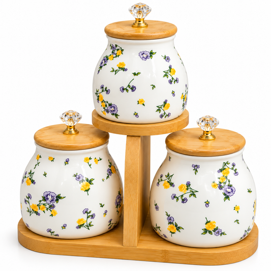 Ceramic Airtight Storage Jar Set with Bamboo Stand – 3 Pieces