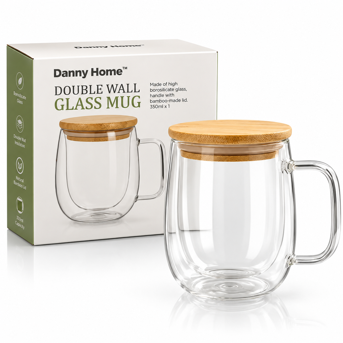 Danny Home Double Walled Glass Mug with Handle & Bamboo Lid 350ml