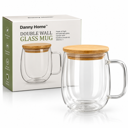 Danny Home Double Walled Glass Mug with Handle & Bamboo Lid 350ml