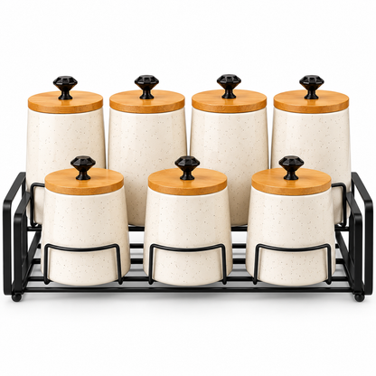 Premium 8-Piece Ceramic Storage Jar Set with Wooden Lids & Metal Rack