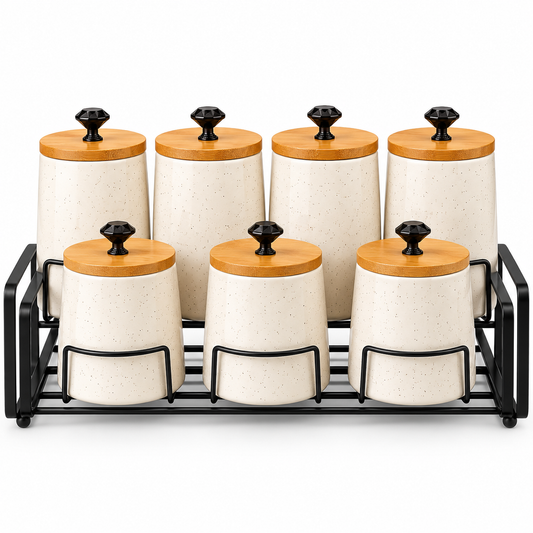Premium 8-Piece Ceramic Storage Jar Set with Wooden Lids & Metal Rack