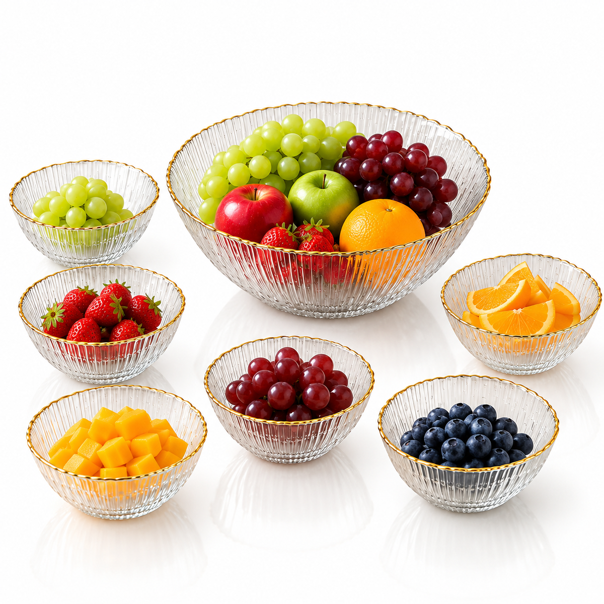 7 Pcs Clear Ribbed Glass Fruit Bowl Set