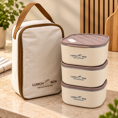 Premium 3 Pcs Stackable Lunch Box Set with Insulated Carry Bag – Cream & Brown