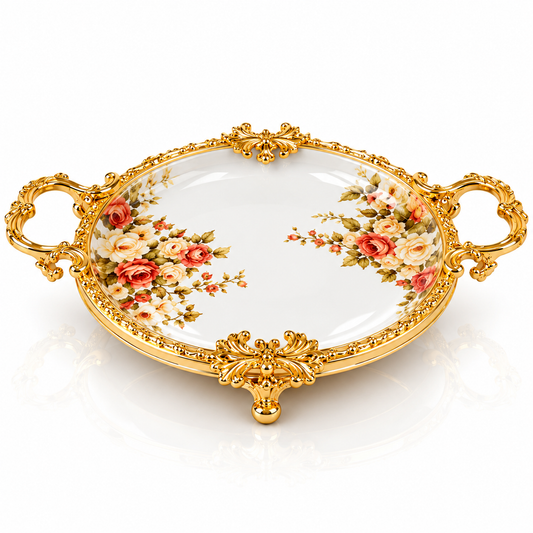 Brilliant Royal Floral Gold Round Flat Tray – 19x6cm