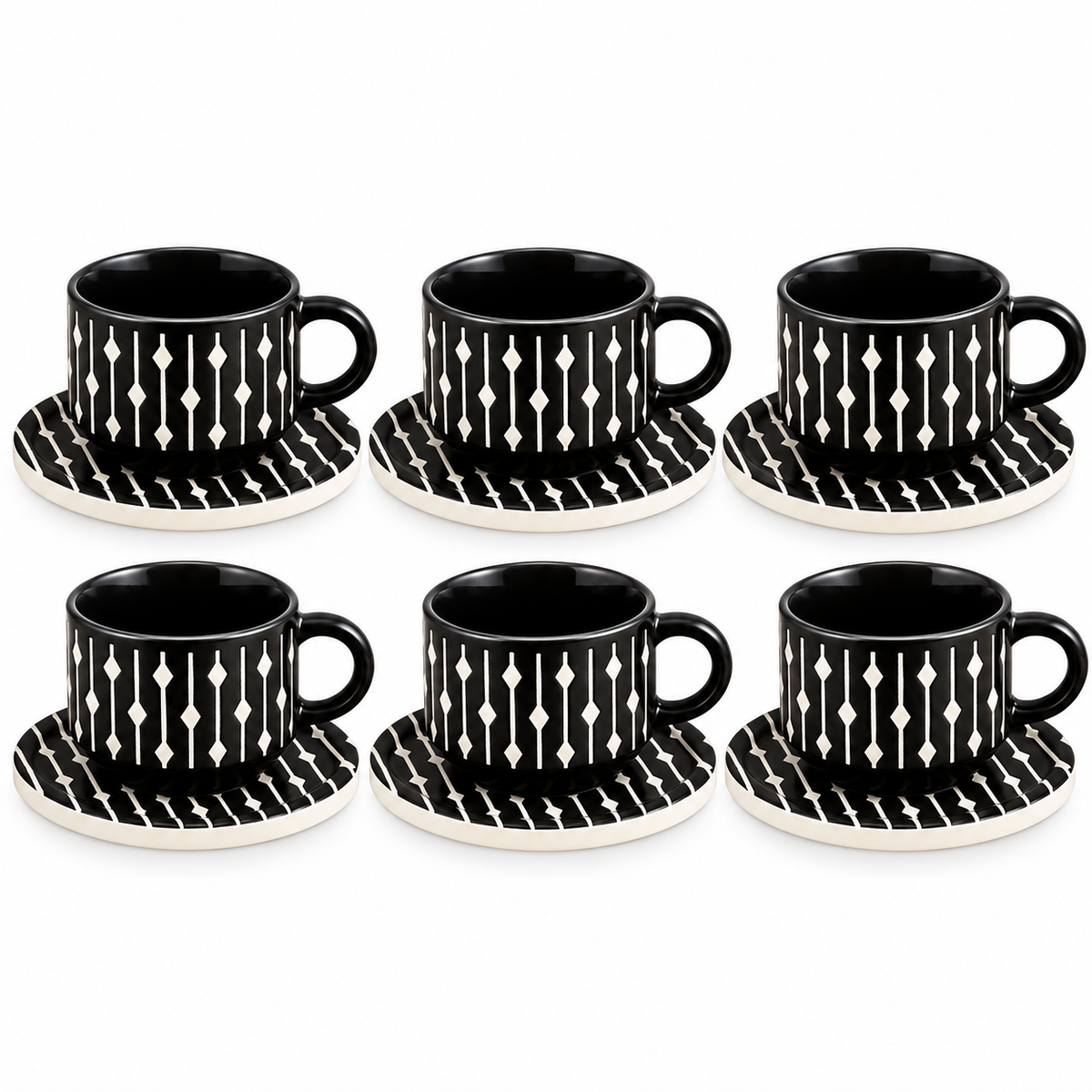 Danny Home Modern Ceramic Cup & Saucer Set – 6 Pcs | Black & White