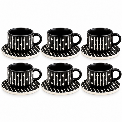 Danny Home Modern Ceramic Cup & Saucer Set – 6 Pcs | Black & White
