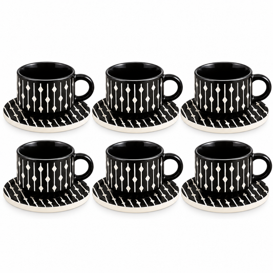 Danny Home Modern Ceramic Cup & Saucer Set – 6 Pcs | Black & White