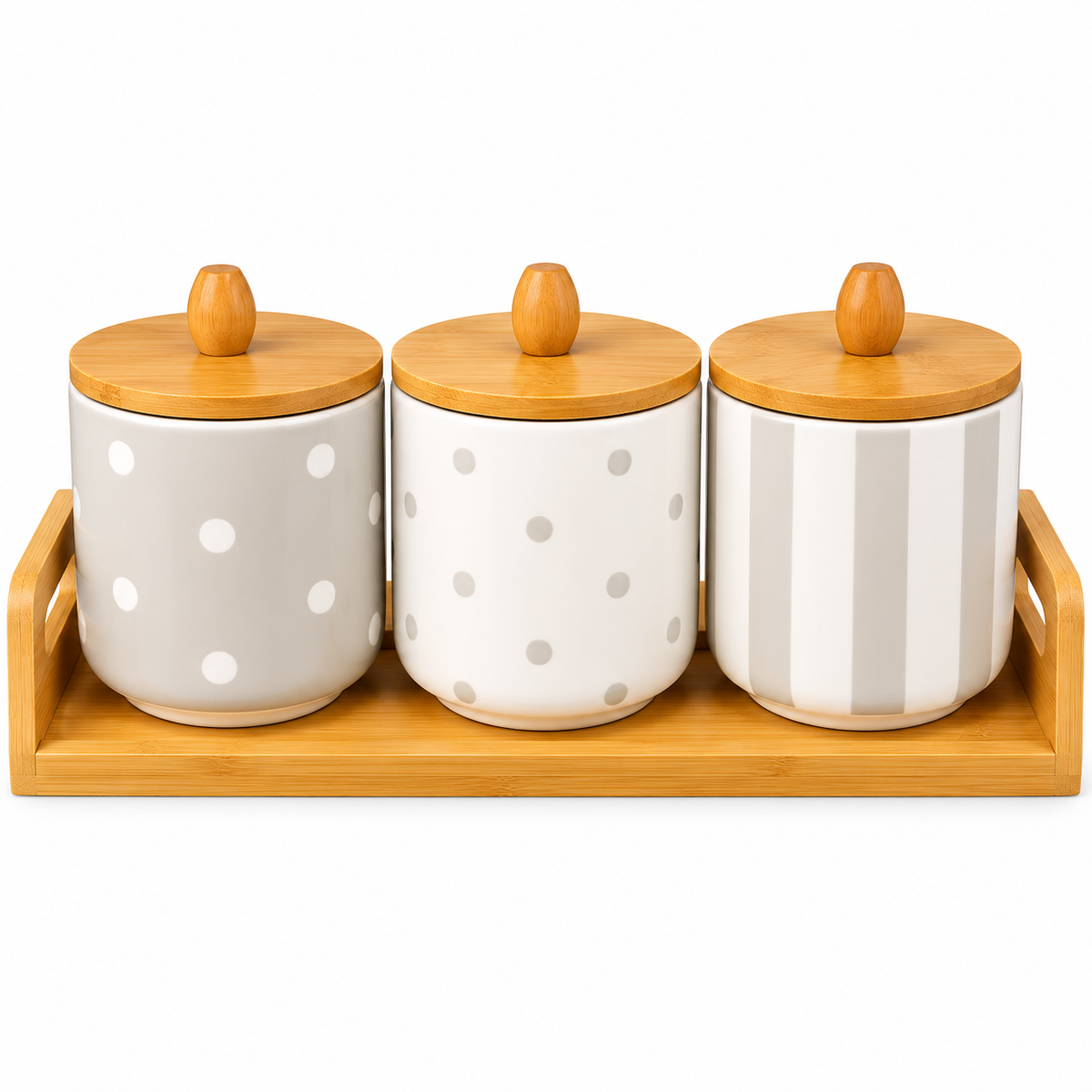 Premium Ceramic Polka Dot Storage Canister Set with Bamboo Tray (3 Pieces)