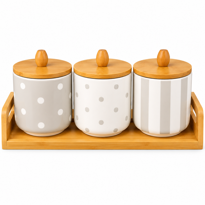 Premium Ceramic Polka Dot Storage Canister Set with Bamboo Tray (3 Pieces)
