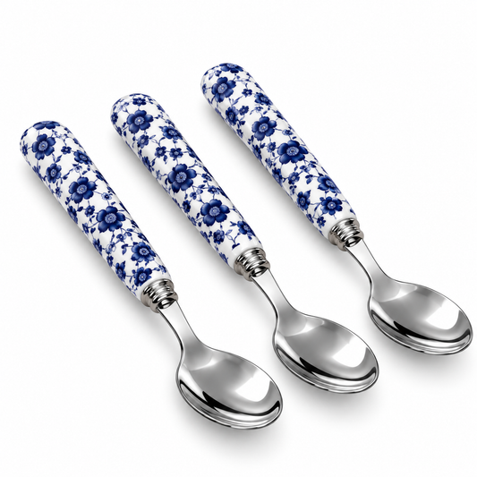 Danny Home Blue Flower Dessert Spoon Set – 3 Pieces (16 cm)