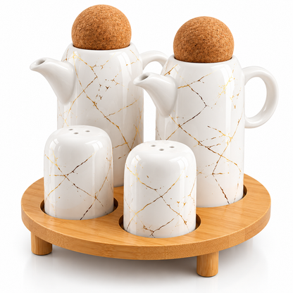 Ceramic Oil & Vinegar Set with Salt & Pepper Shakers & Bamboo Stand