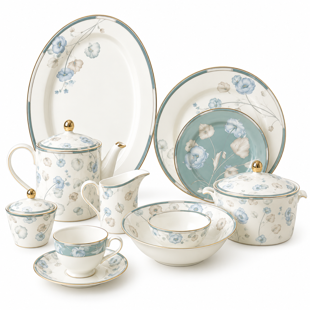 Azure Rose Elegance Porcelain Dinner Set – 61 Pieces