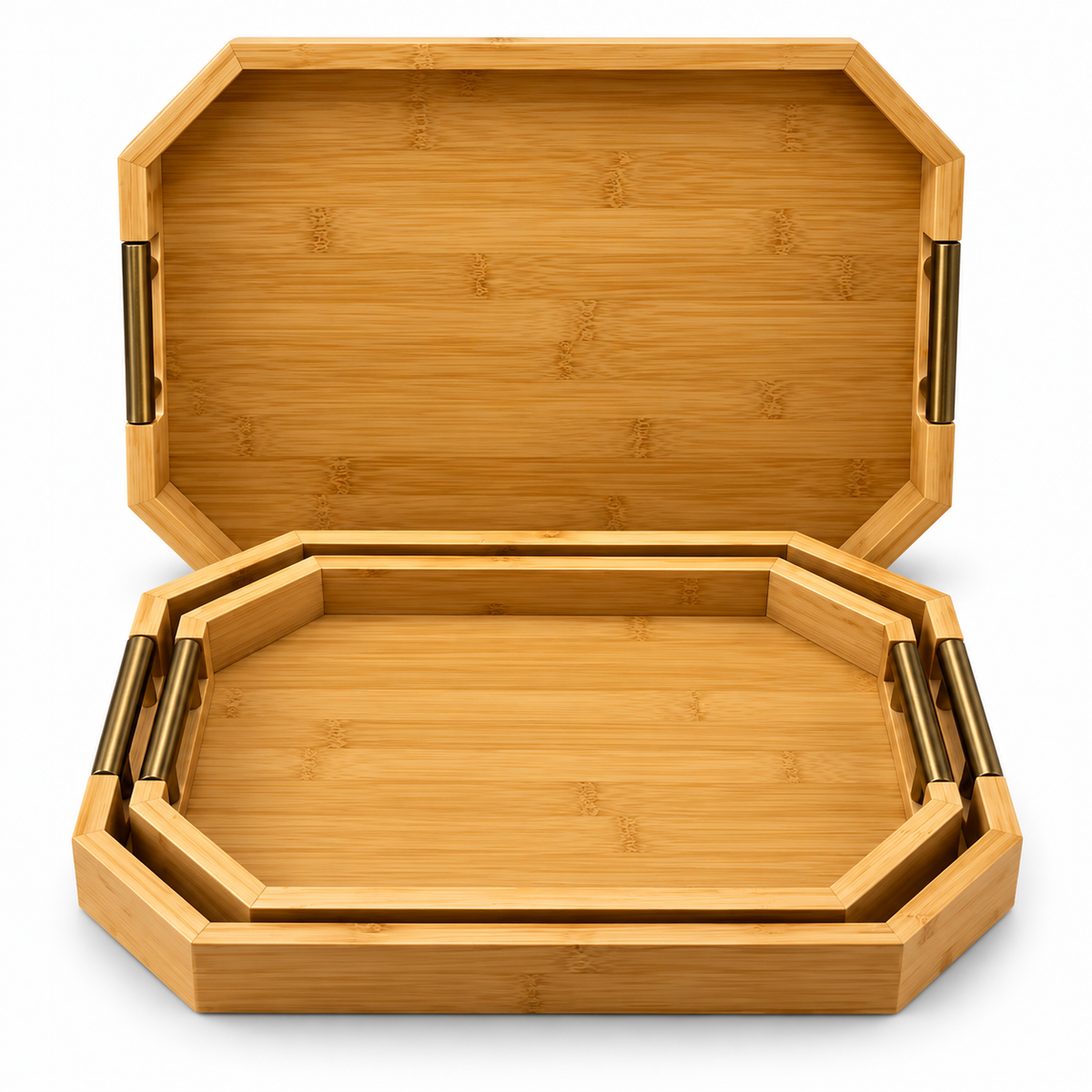 Premium 3 Pcs Bamboo Serving Tray Set with Gold Handles