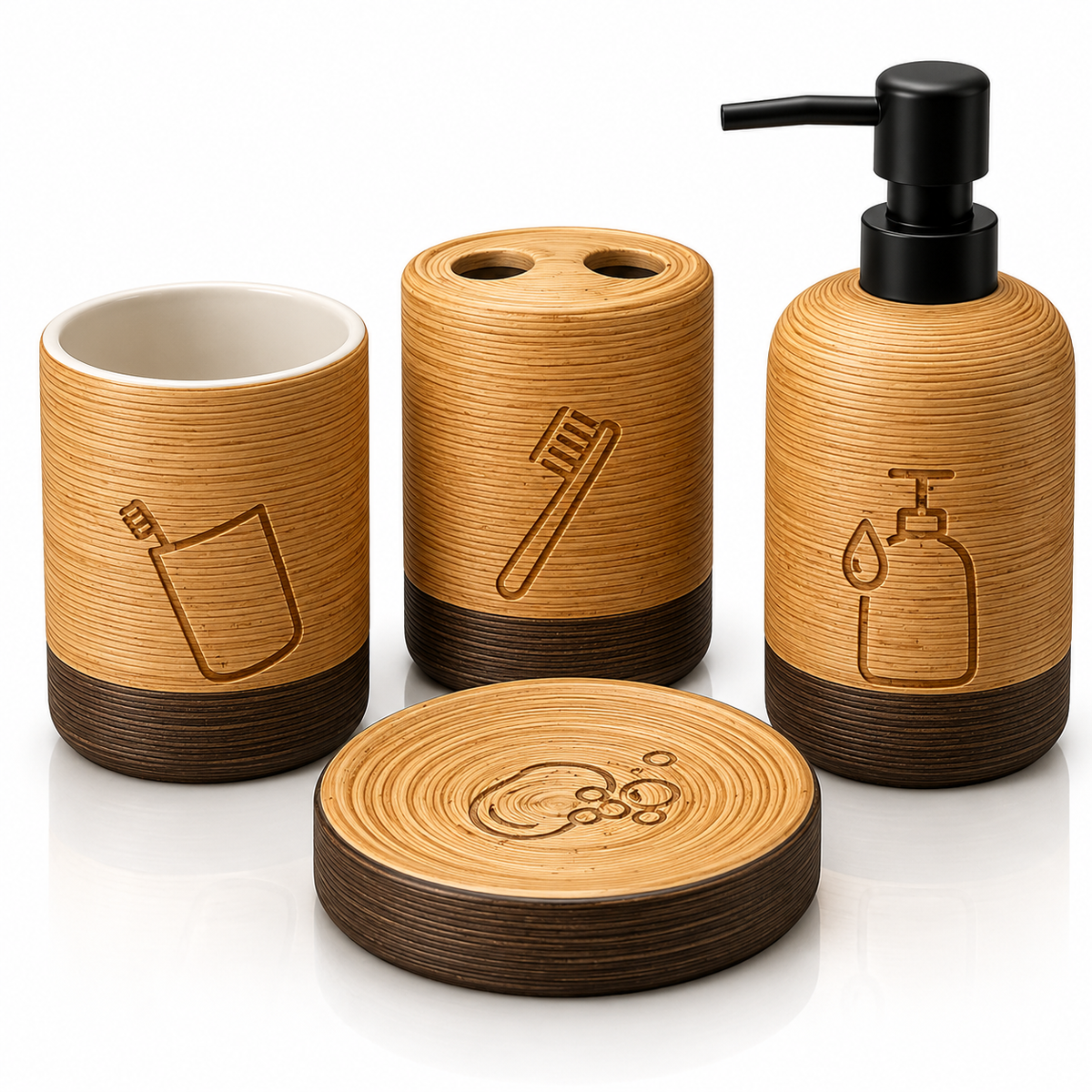 4-Piece Rustic Ceramic Bathroom Accessories Set – Woodgrain Collection