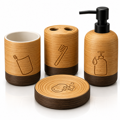 4-Piece Rustic Ceramic Bathroom Accessories Set – Woodgrain Collection