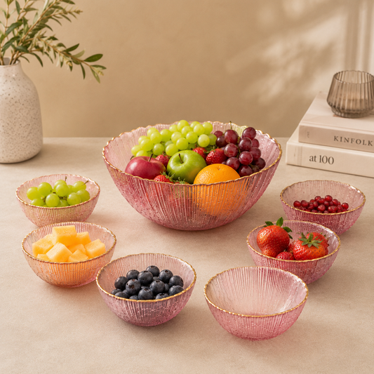 7 Pcs Pink Ribbed Glass Fruit & Serving Bowl Set