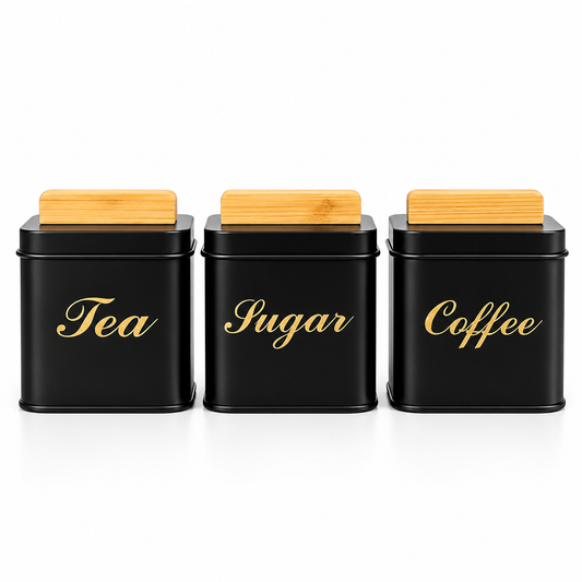 3-Piece Square Metal Sugar Canister Set with Bamboo Lids - Black