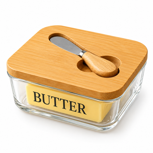 Premium Glass Butter Keeper with Wooden Lid & Butter Knife