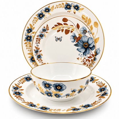 Premium Porcelain 24-Piece Dinner Set for 6 Persons – Blue Floral & Gold Rim