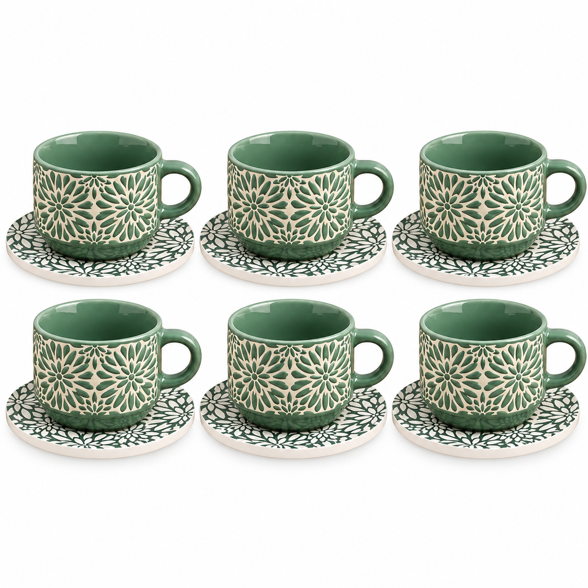 Danny Home Floral Ceramic Cup & Saucer Set – 6 Pcs | Sage Green